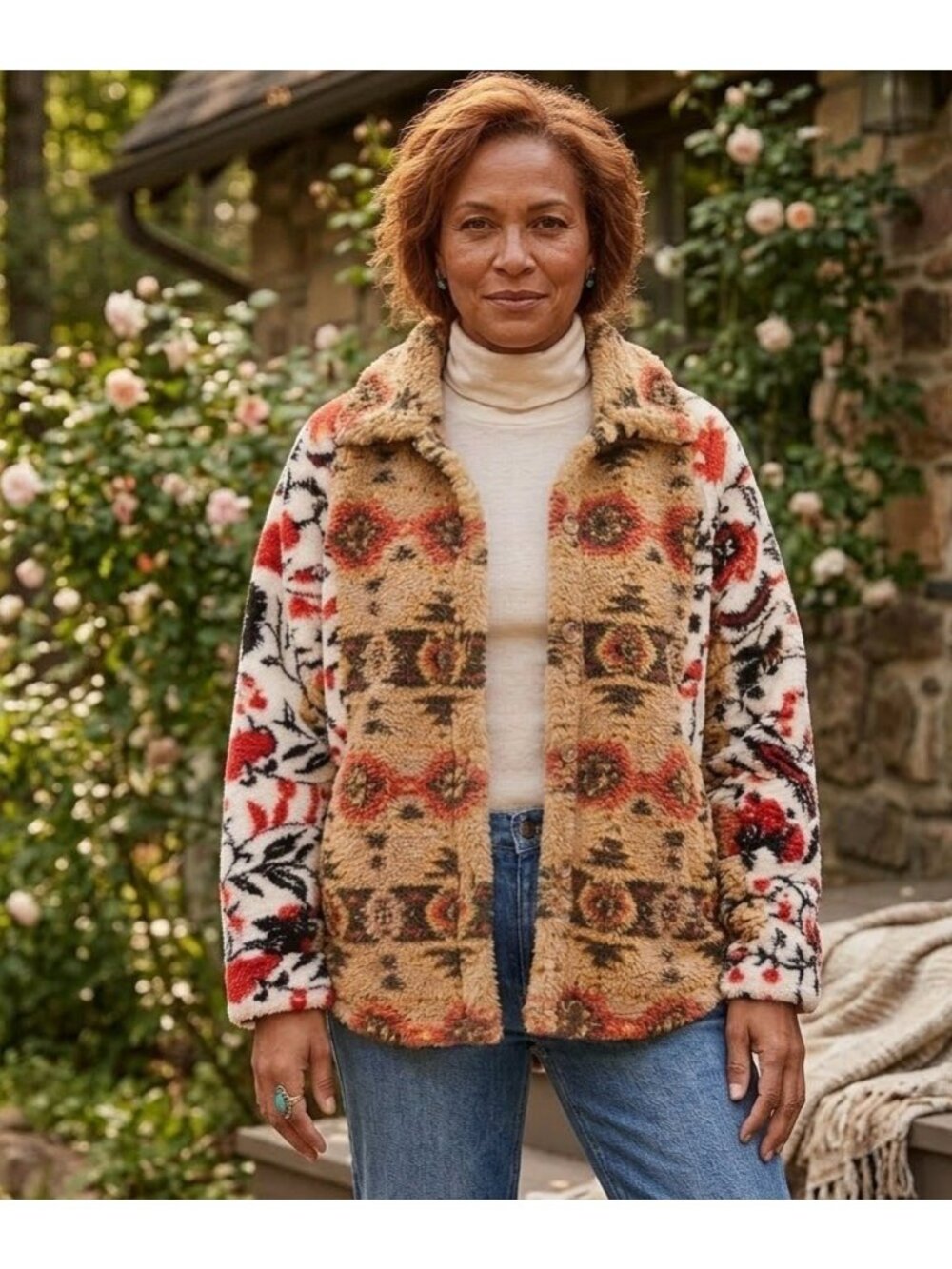 Mystree Southwestern Print Faux Sherpa Shacket Coat - Sz L - New